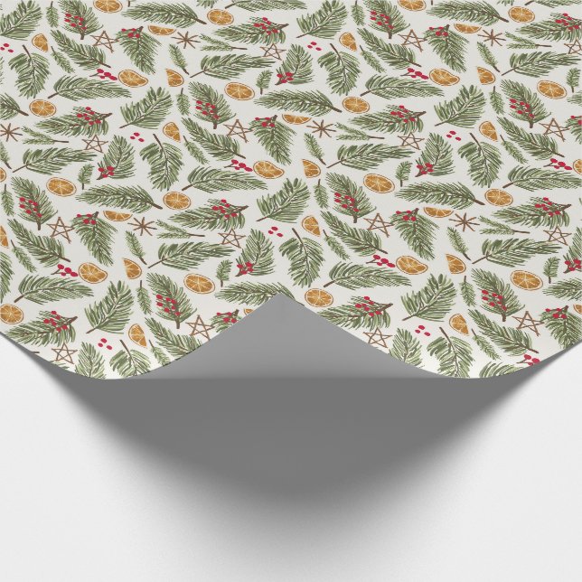 Pinienfrüchte, Berere, kandierte Orangen, Weihnach Geschenkpapier (Ecke)
