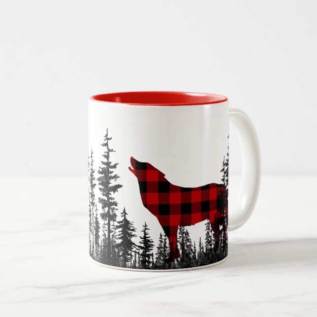 Pinienwald Buffalo Kariert Howling Wolf Zweifarbige Tasse (VorderseiteRechts)