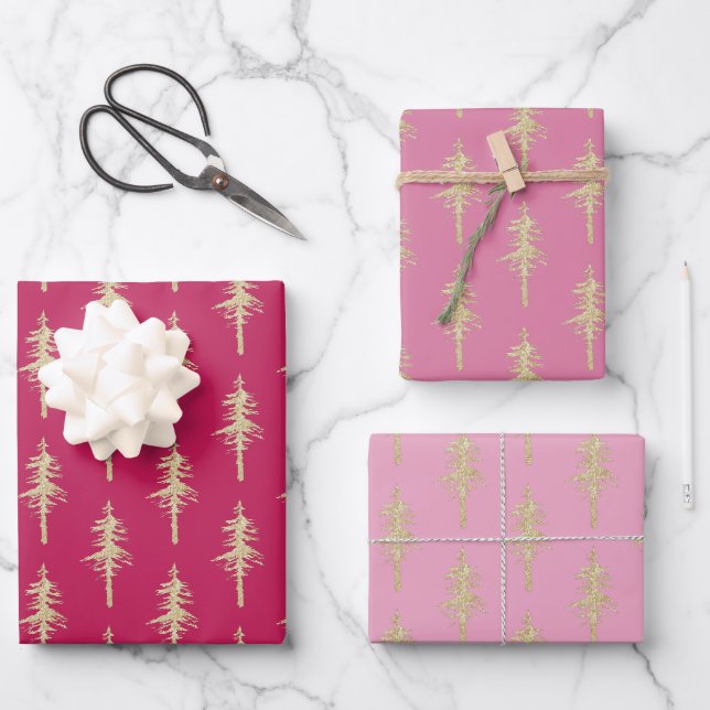 Pinienwald Rosa Himbeere Rot Geschenkpapier Set (Vorderseite)
