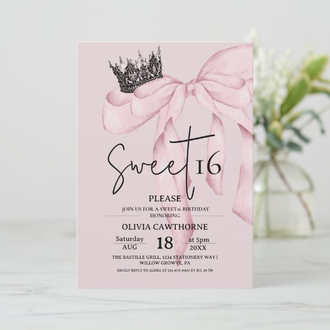  Pink 16th Birthday ⎮Modern Bow Sweet 16 Einladung (Stehend Vorderseite)