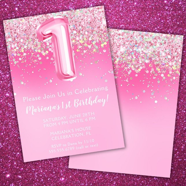Pink 1er Anniversaire Invitation Fille Parties sci (Créateur téléchargé)