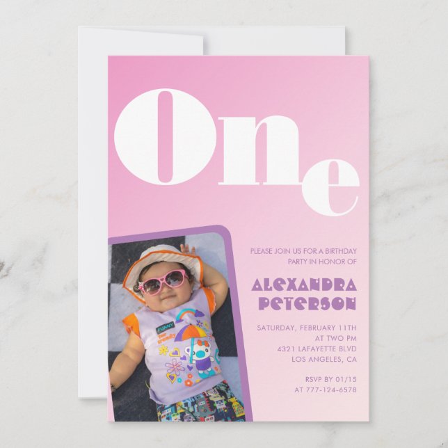 Pink 1er anniversaire invitations pour sa Retro Ph (Devant)