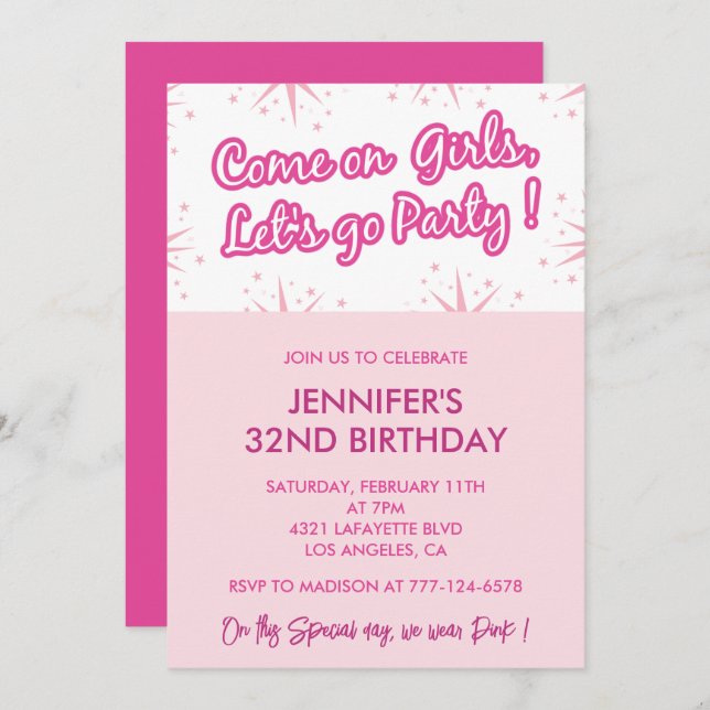 Pink 32e anniversaire invitations fun branché fill (Devant / Derrière)