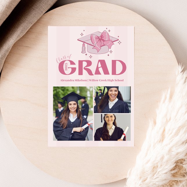 Pink 3 Fotos Coquette Bow Graduation Party Ankündigung (Von Creator hochgeladen)