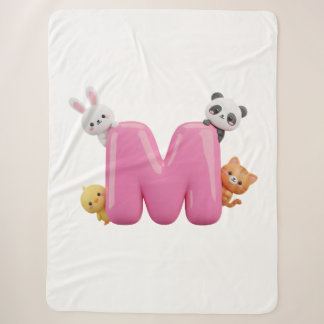 Pink 3D Letter M Sherpa Throw Blanket with Animals Sherpadecke