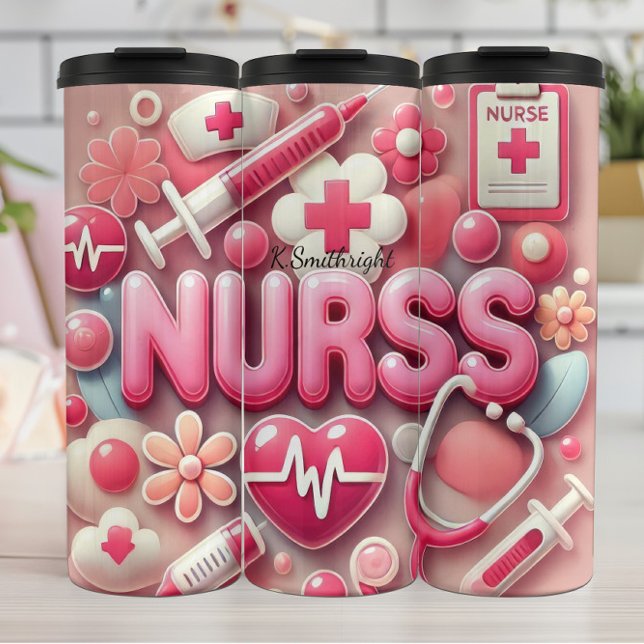 Pink 3D Nurse Medical Collage Thermosbecher (Von Creator hochgeladen)