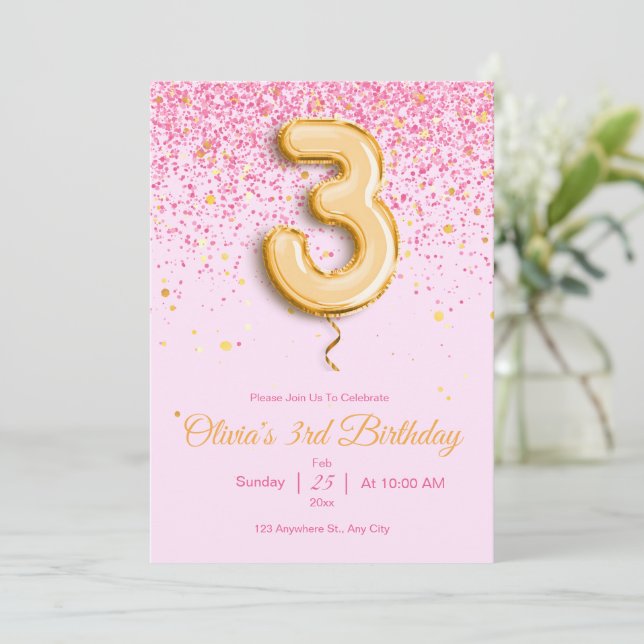 Pink 3e anniversaire Invitation Parties scintillan (Debout devant)