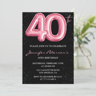 Pink 40. Geburtstag Einladungen Balloon Glam Black