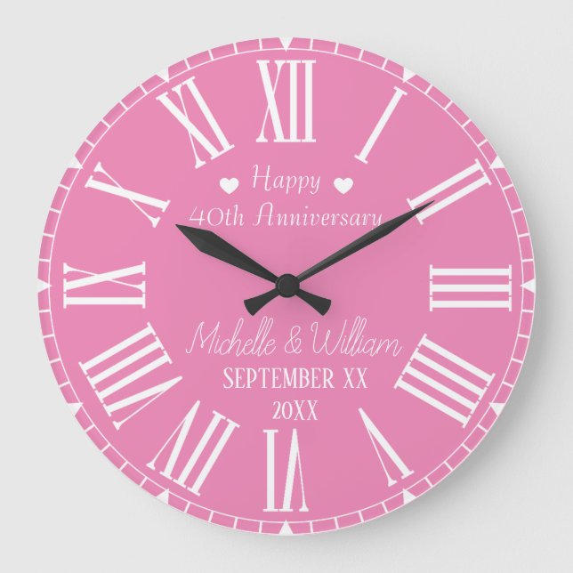 Pink 40. Hochzeitstag Personalisiert Große Wanduhr (Vorderseite)