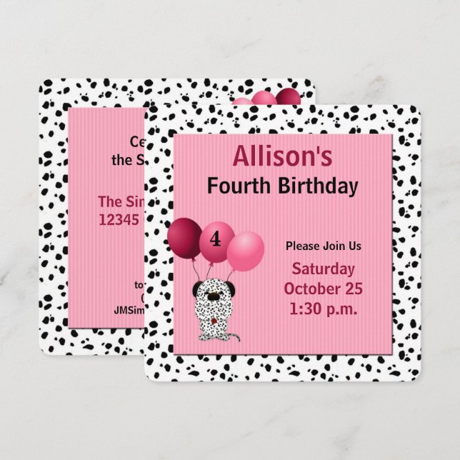 Pink 4. Geburtstag Party Dalmatiner Thema Einladung (Vorne/Hinten)