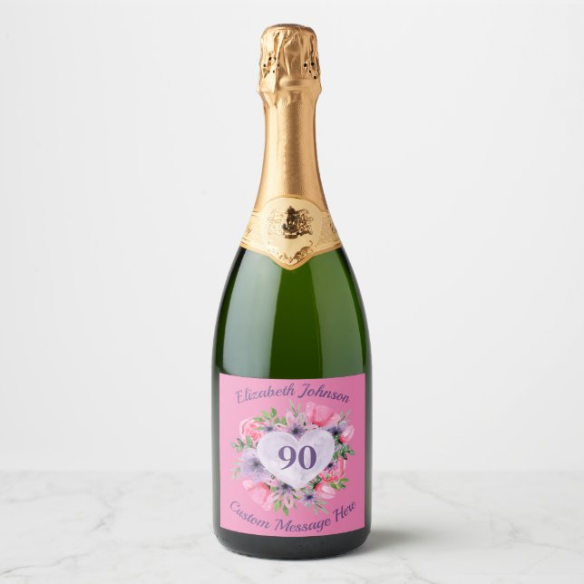 Pink 90. Geburtstag Sparkling Weinflasche Etikett (Vorderseite)