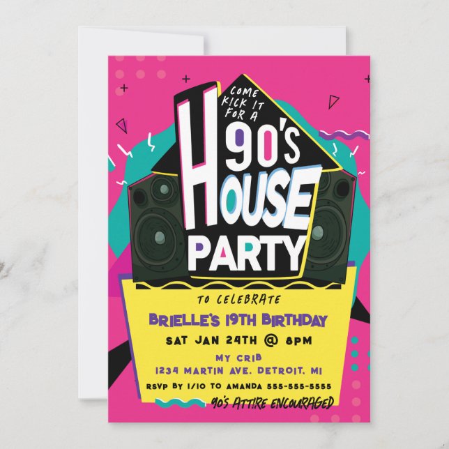 Pink 90er-Jahre-Haus-Party Einladung (Vorderseite)