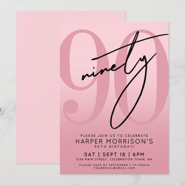 Pink 90th Birthday Party Einladung (Vorne/Hinten)
