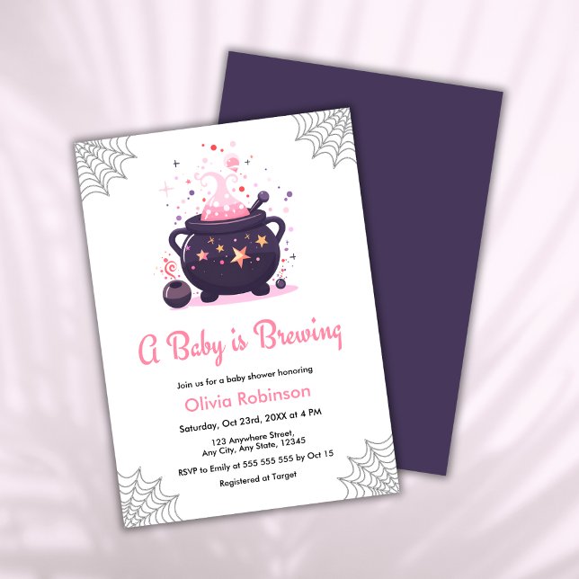 Pink A Baby braut Halloween Baby Dusche Einladung (Pink A Baby is Brewing Cauldron Halloween Girl Baby Shower Invitation  )