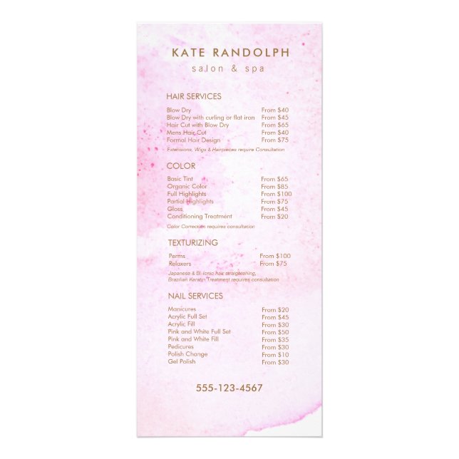 Pink Abstrait Watercolor Salon Prix Menu (Devant)
