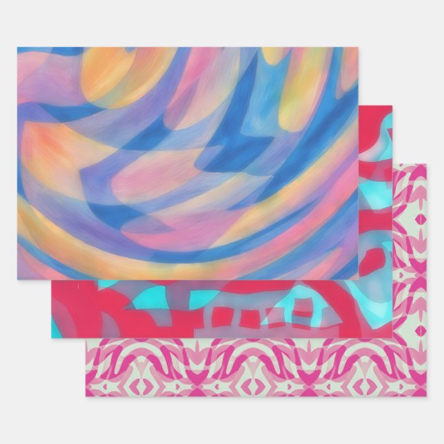 Pink Abstrakte Kunstdruckpapier mit mehrfarbiger F Geschenkpapier Set (Set)