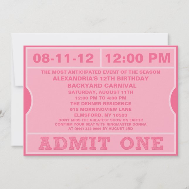Pink Admettre un billet Invitation Anniversaire (Devant)