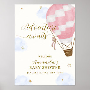 Pink Adventure Hot Air Ballon Babydusche Willkomme Poster