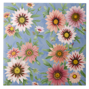 Pink African Gazania Daisies Floral Botanische Kun Fliese