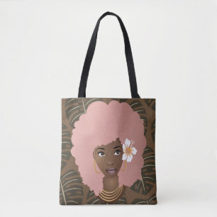 Pink Afro, Blume im Haar, tropisches Blätter Muste Tasche