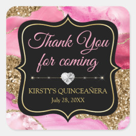 Pink Agate Geode Slices & Gold Glitzer Quinceañera Quadratischer Aufkleber