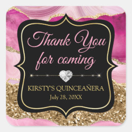 Pink Agate Geode Slices & Gold Glitzer Quinceañera Quadratischer Aufkleber