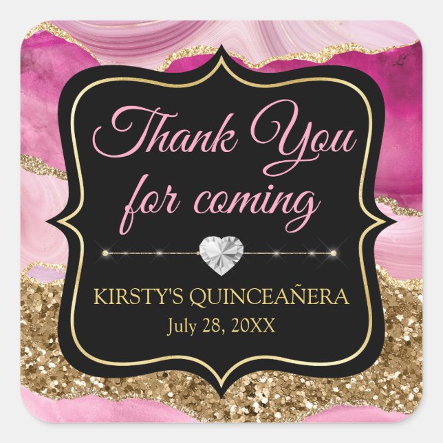 Pink Agate Geode Slices & Gold Glitzer Quinceañera Quadratischer Aufkleber (Vorderseite)