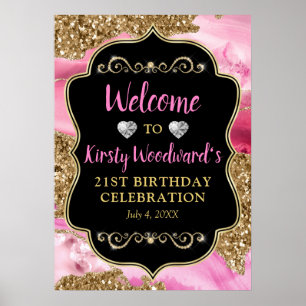 Pink Agate Geode Slices und Gold Glitzer Geburtsta Poster
