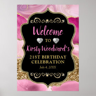 Pink Agate Geode Slices und Gold Glitzer Geburtsta Poster