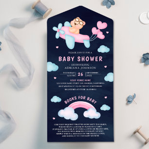 Pink Airplane Girl Teddy Bear Navy Babydusche All In One Einladung