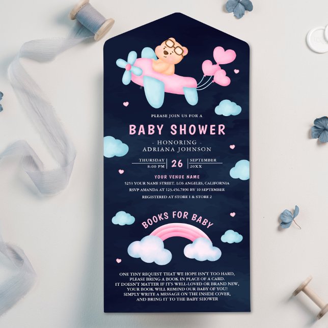 Pink Airplane Girl Teddy Bear Navy Babydusche All In One Einladung (Von Creator hochgeladen)