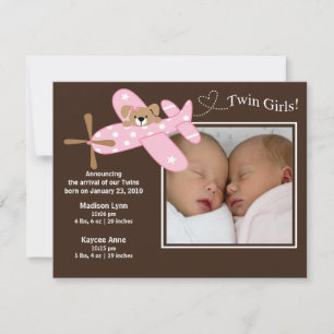 Pink Airplane Twin Girls Geburtsankündigung Ankündigung