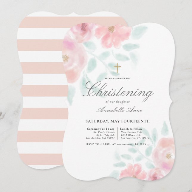 Pink Airy Rose Floral Girl Christening Einladung (Vorne/Hinten)