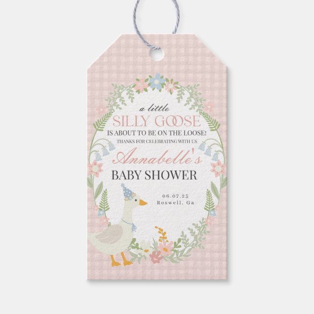 Pink Albern Gänse Floral Gingham Baby Dusche Gefal Geschenkanhänger (Vorderseite)