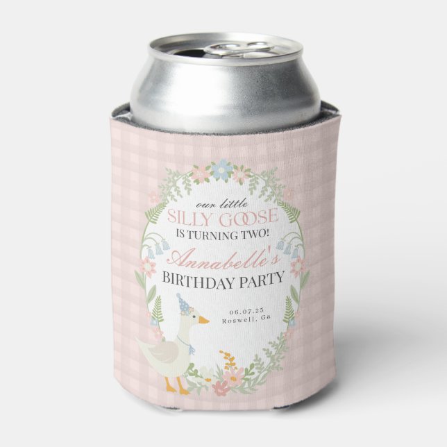 Pink Albern Gänse Floral Gingham Birthday Gefallen Dosenkühler (Kanne Vorderseite)