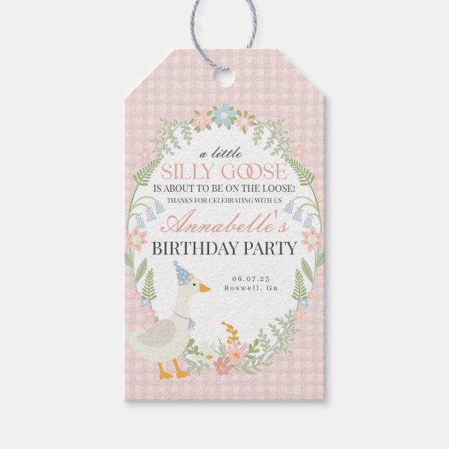 Pink Albern Gänse Floral Gingham Birthday Gefallen Geschenkanhänger (Vorderseite)