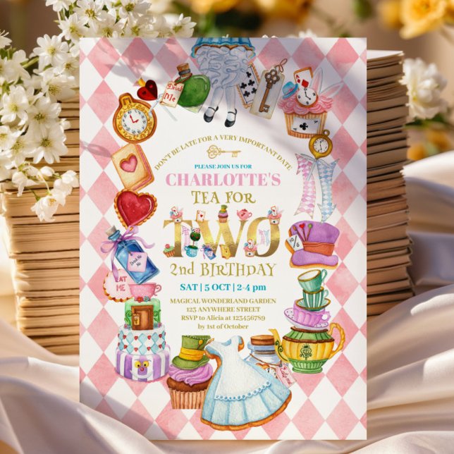 Pink Alice in Wonderland 2nd birthday Invitation (Créateur téléchargé)