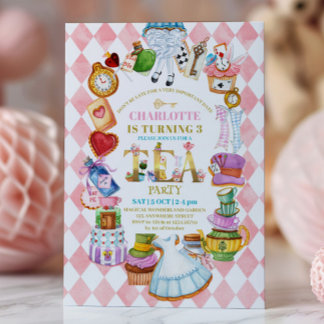 Pink Alice in Wonderland 3rd birthday Invitation Einladung