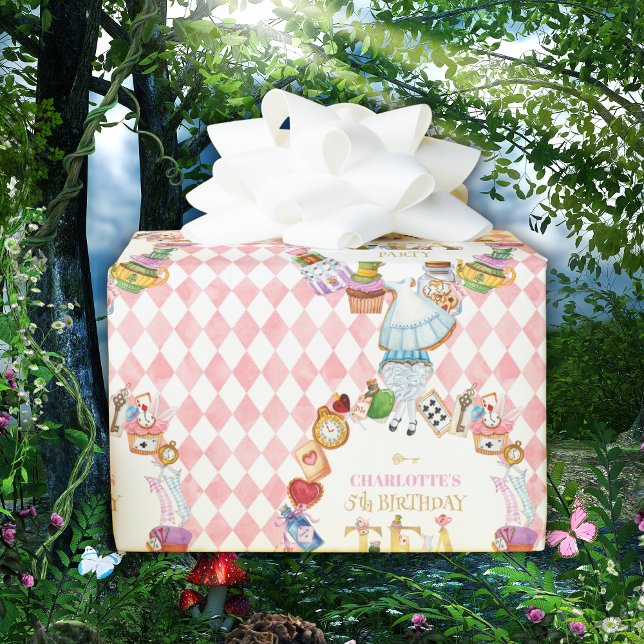 Pink Alice in Wonderland 5th Birthday   Geschenkpapier (Von Creator hochgeladen)