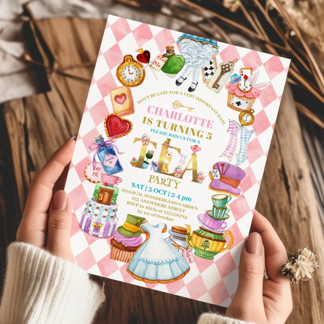 Pink Alice in Wonderland 5th birthday Invitation (Créateur téléchargé)