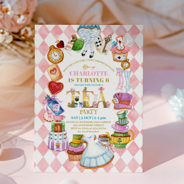Pink Alice in Wonderland 6th birthday Invitation Einladung (Von Creator hochgeladen)