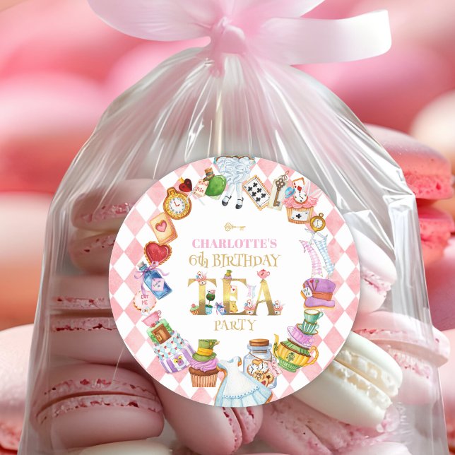 Pink Alice in Wonderland 6th Birthday   Runder Aufkleber (Von Creator hochgeladen)