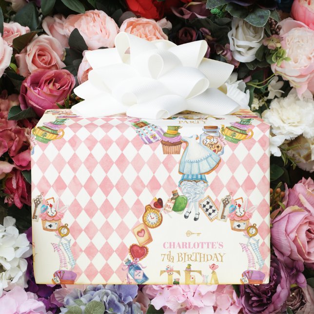 Pink Alice in Wonderland 7th Birthday   Geschenkpapier (Von Creator hochgeladen)