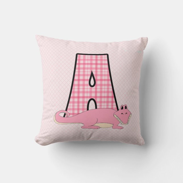 Pink Alligator Kid's Mit Monogramm "A" Kissen (Vorderseite)