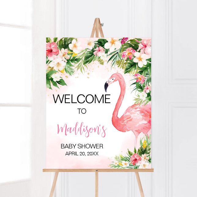 Pink Aloha Flamingo Baby Dusche Empfang Poster (Girl Floral Flamingle Baby Shower Welcome Sign)