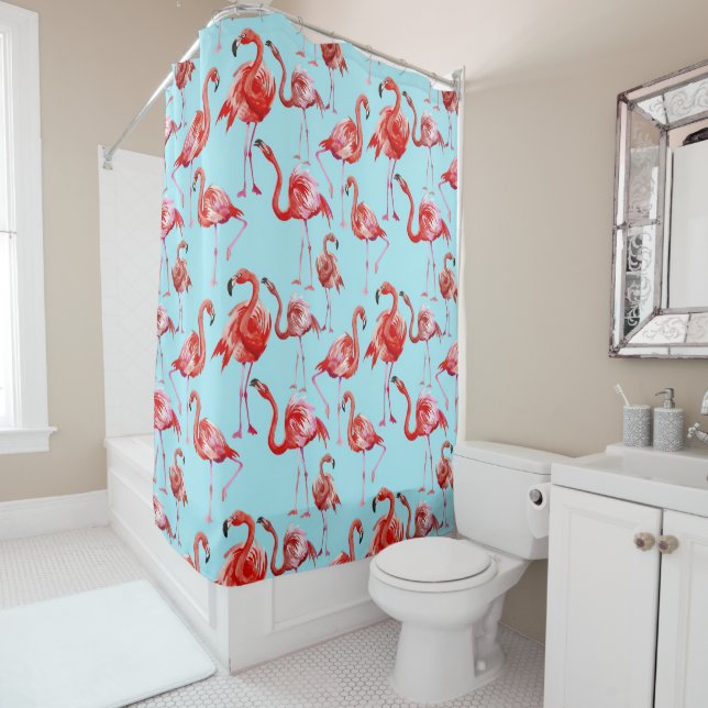 Pink Aloha Flamingo Vogelmuster auf Aquamarin Duschvorhang (Beispiel)