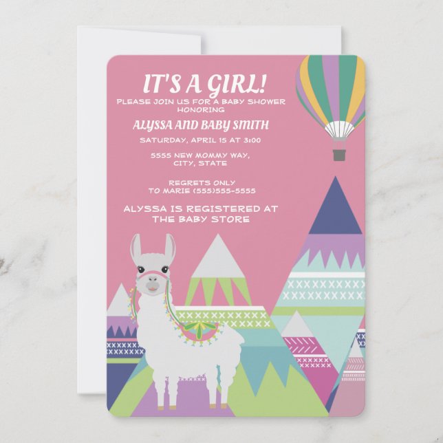 Pink Alpaca Balloon Baby Girl Dusche Einladung (Vorderseite)