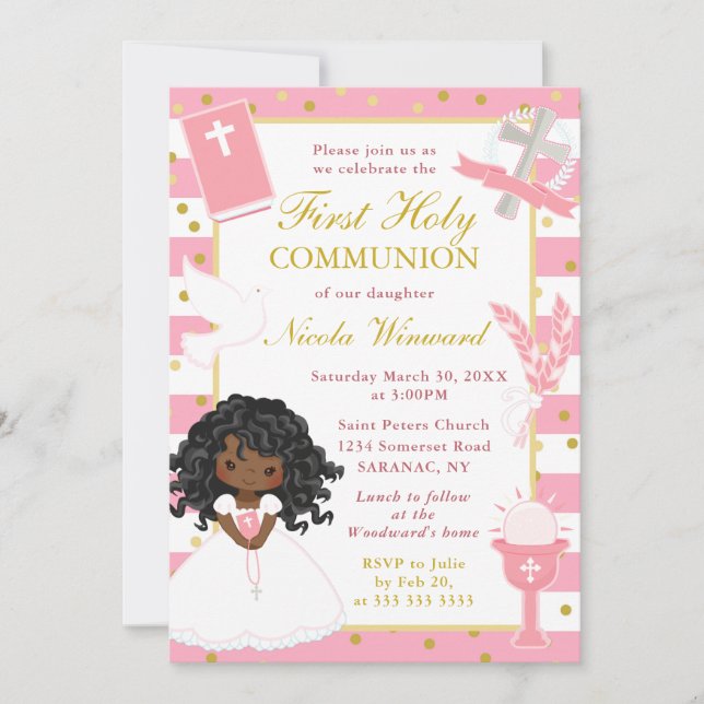 Pink American Girl First Holy Communion Einladung (Vorderseite)