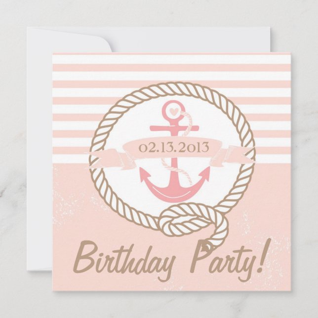 Pink Anchor Stripes Nautical Birthday Einladung (Vorderseite)