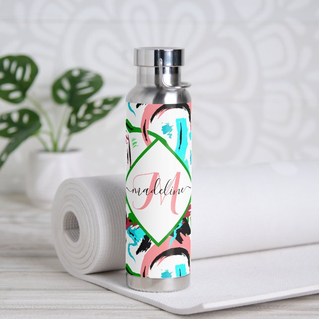 Pink and aqua abstract personalized trinkflasche (Yoga)